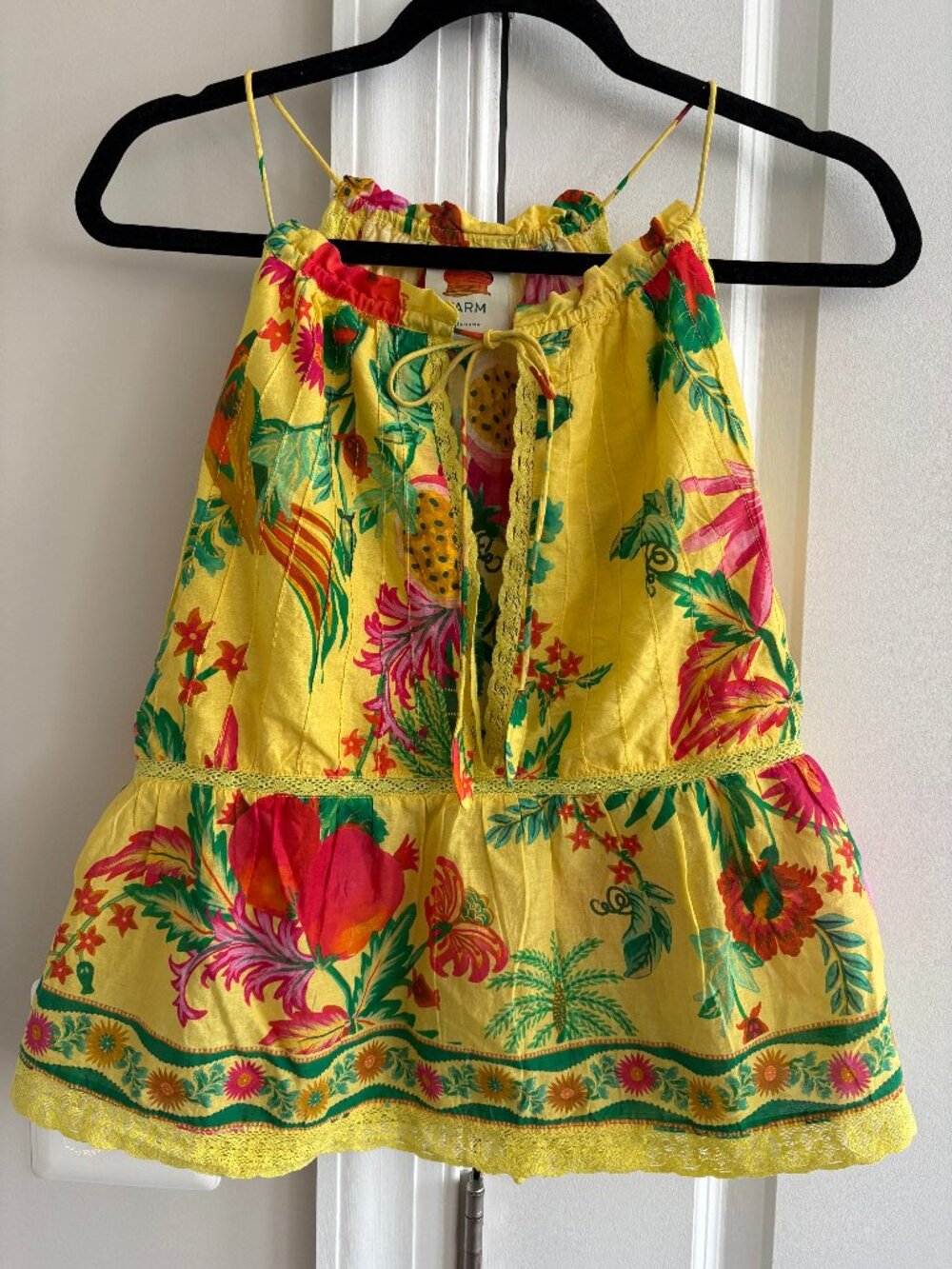 FARM Rio Fruit Garden Yellow Multi Drawstring Halter Tank Top - SZ M